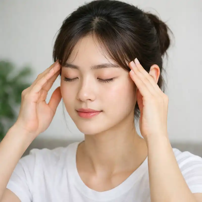 관자놀이 태양혈을 지압하며 두통을 완화하는 여성