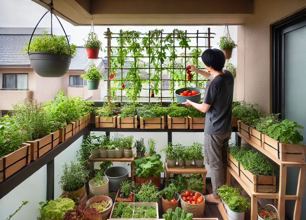베란다를 활용해 다양한 채소를 기르고, 토마토를 수확하는 모습