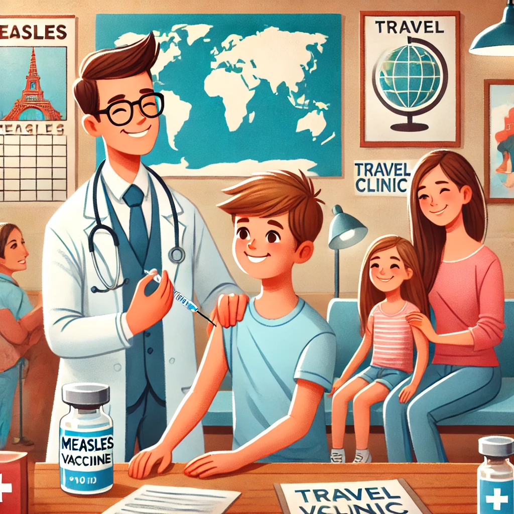 해외여행을 떠나기 전 홍역 예방 접종을 맞는 모습