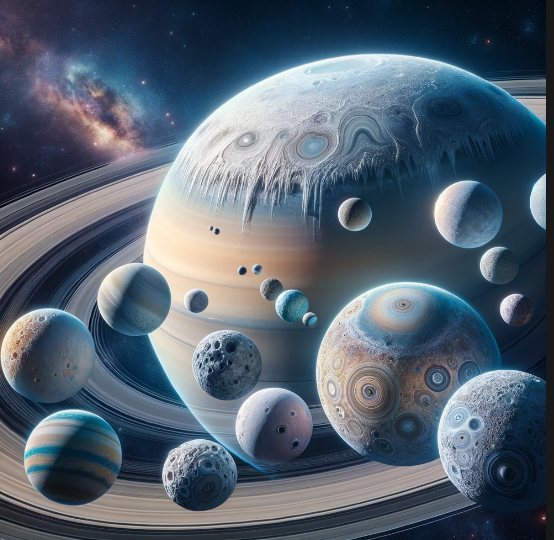 토성 주위의 얼음 위성 이미지