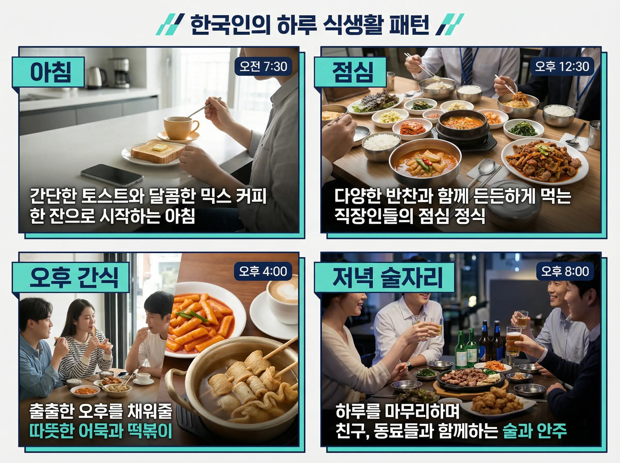 아침 점심 저녁 간식 시간대별 식사 패턴을 보여주는 생활 이미지