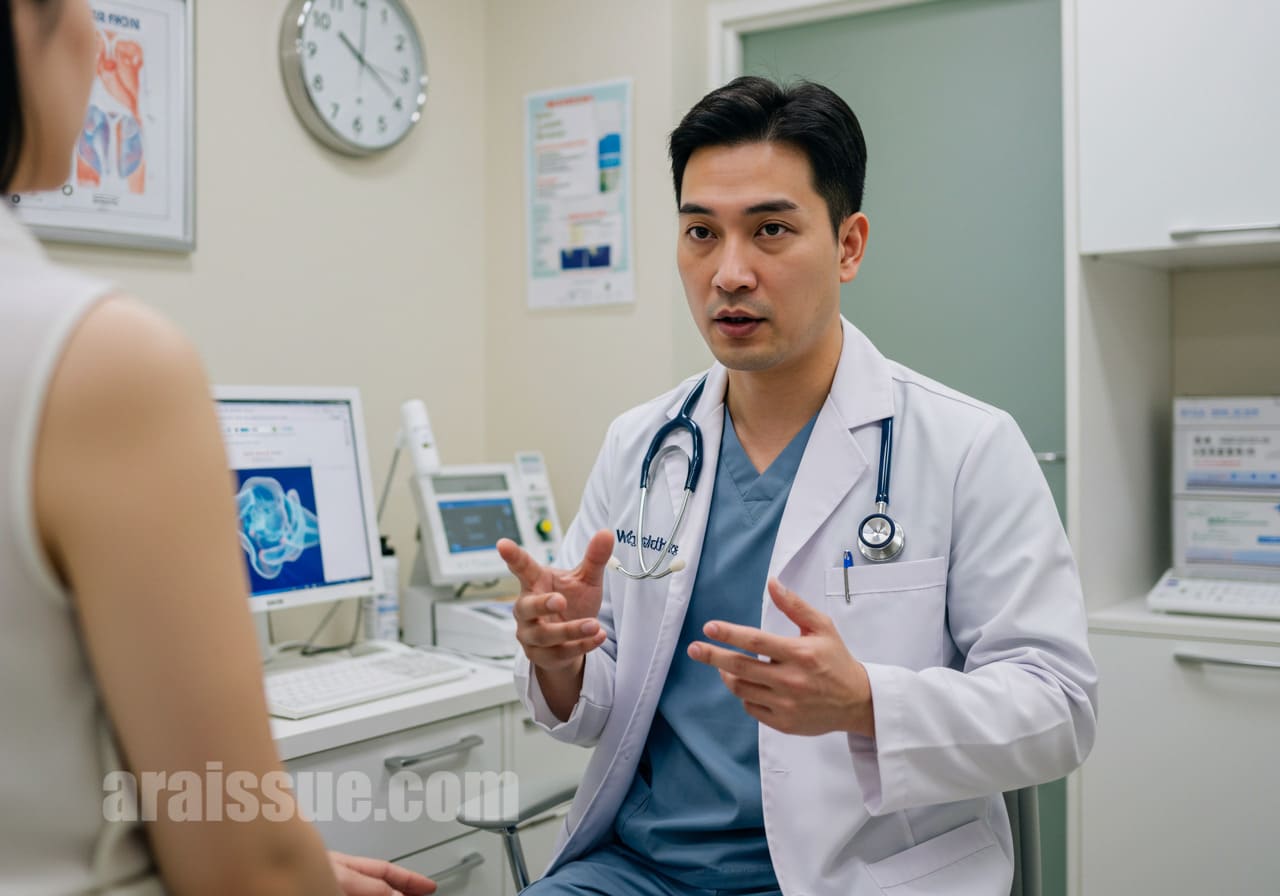 자궁근종 5cm에 대한 치료 옵션을 설명하는 의사와 환자. 수술적 치료와 비수술적 치료 방법을 비교하며 상담하는 모습. 현대적인 병원 실내에서 진행되는 상담 장면.