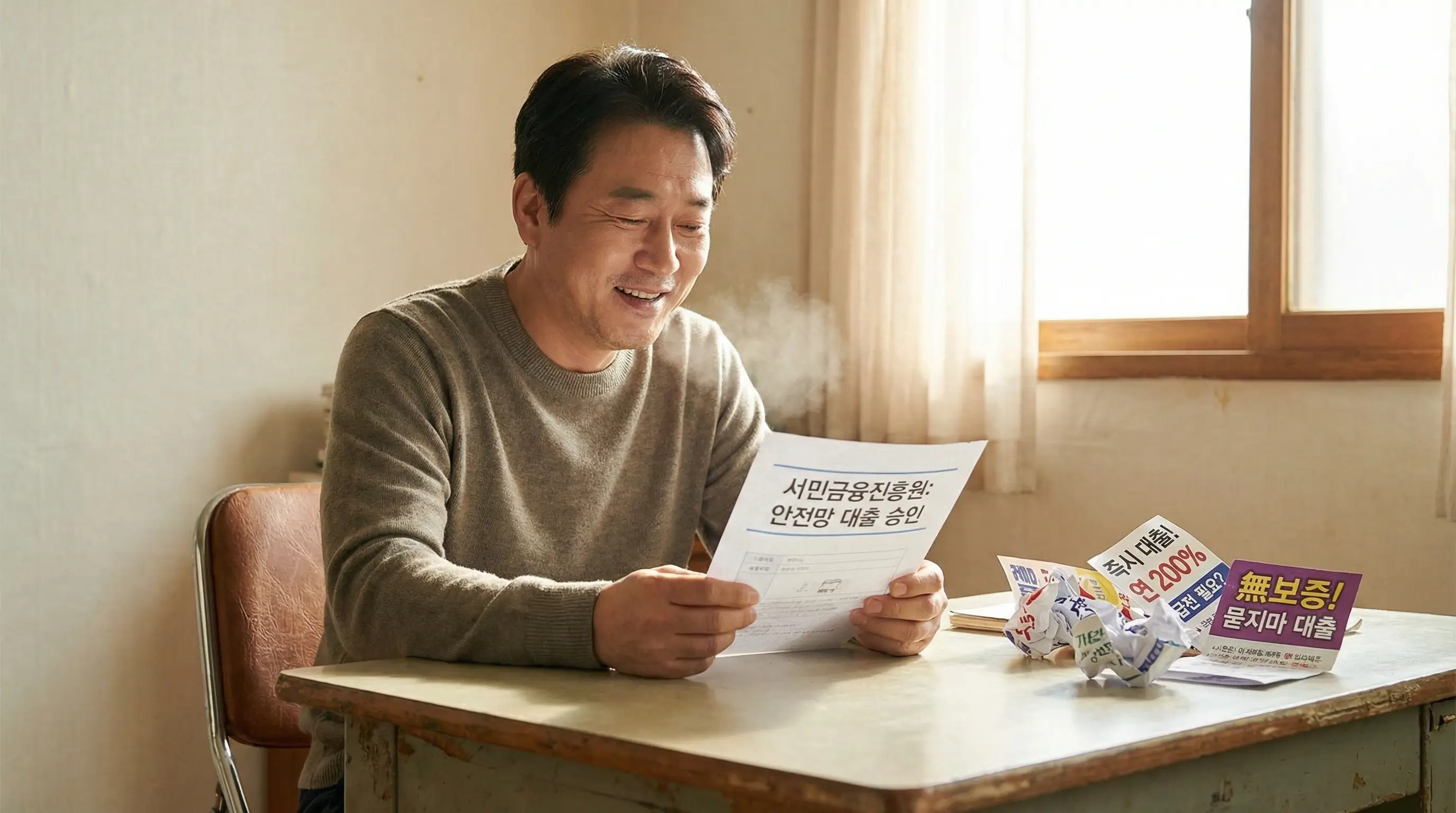 위험한 사금융 대출의 유혹을 뿌리치고 안전한 국가 지원 대출을 선택하여 안도하는 금융 소비자의 모습