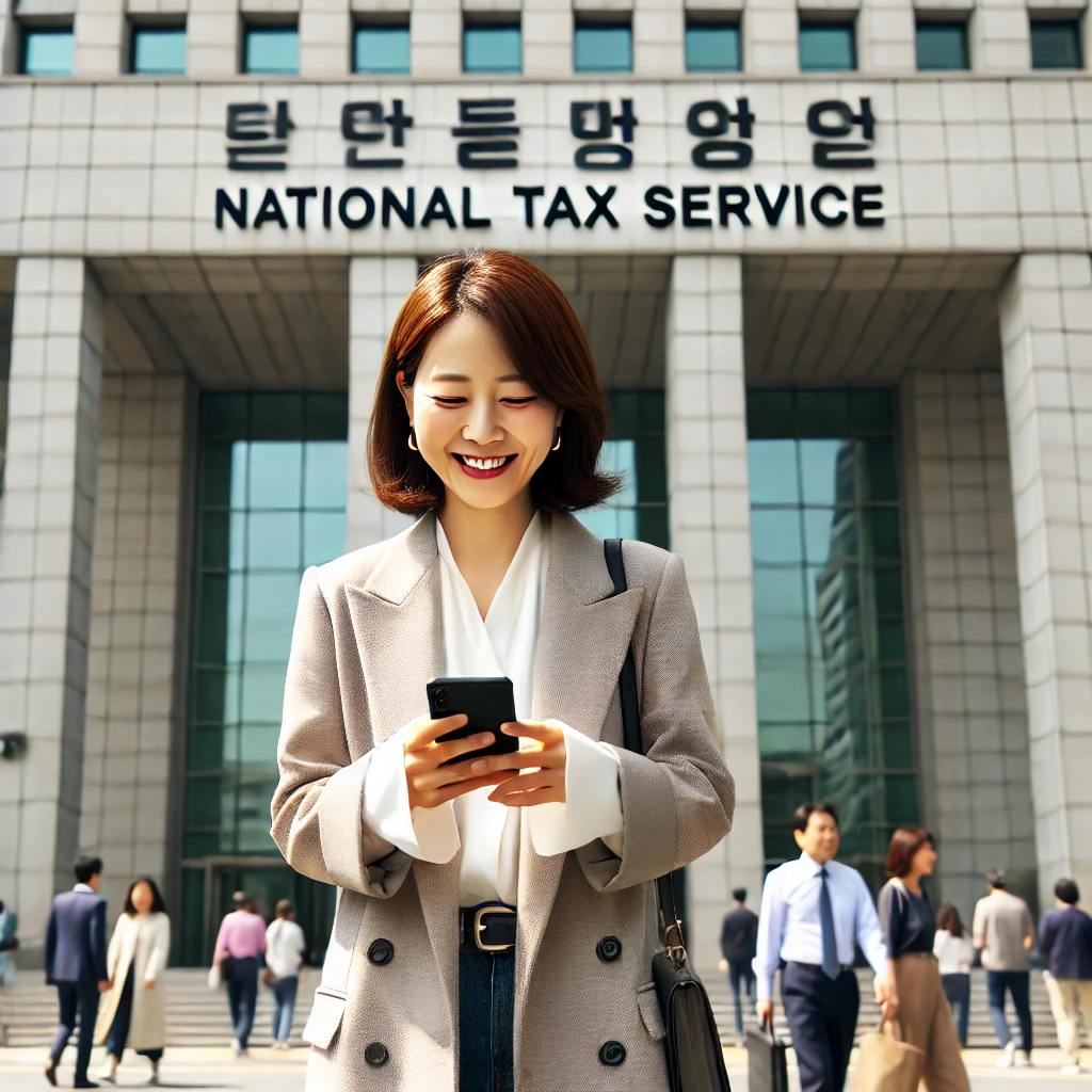 국세청 건물 앞에서 스마트폰을 확인하며 걷는 40대 한국 여성