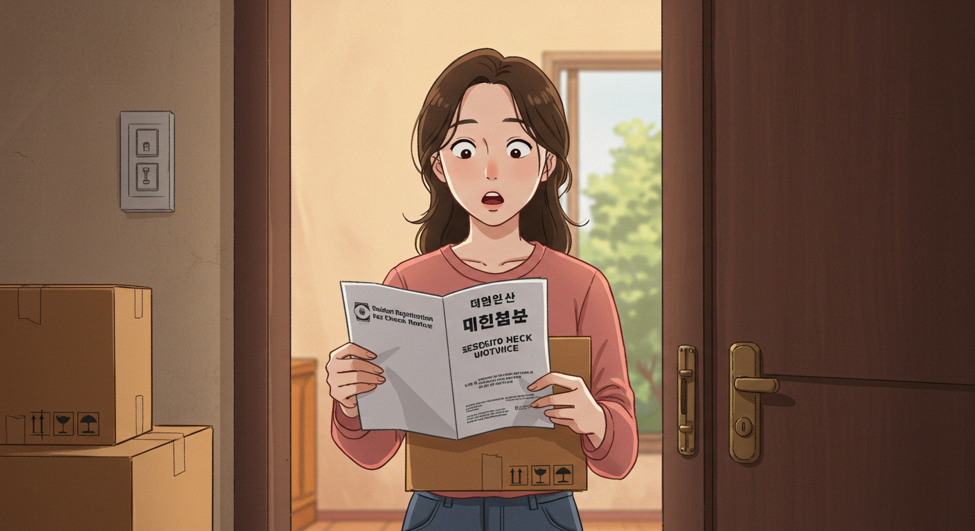 이사 중 주민등록 사실조사 안내문을 확인하는 여성