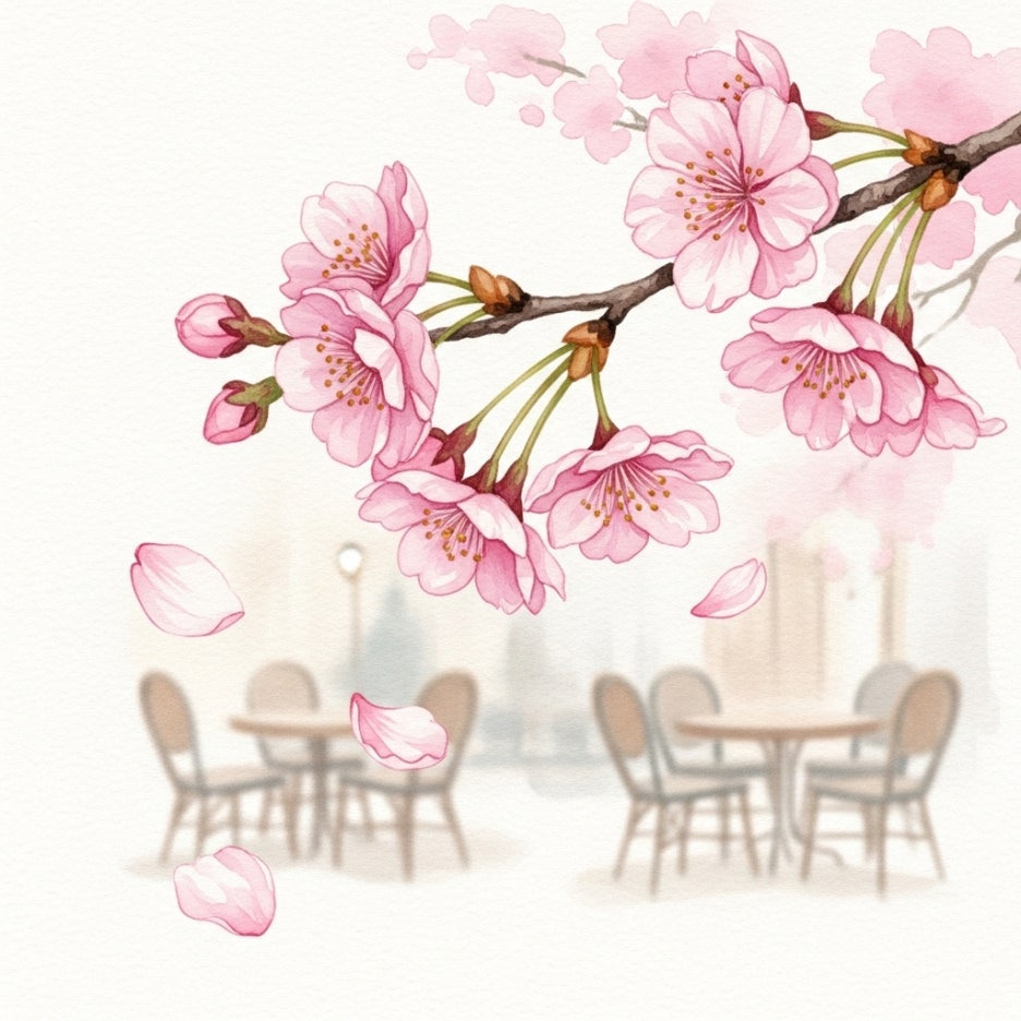 바람에 흩날리는 벚꽃잎과 포근한 야외 식당의 풍경