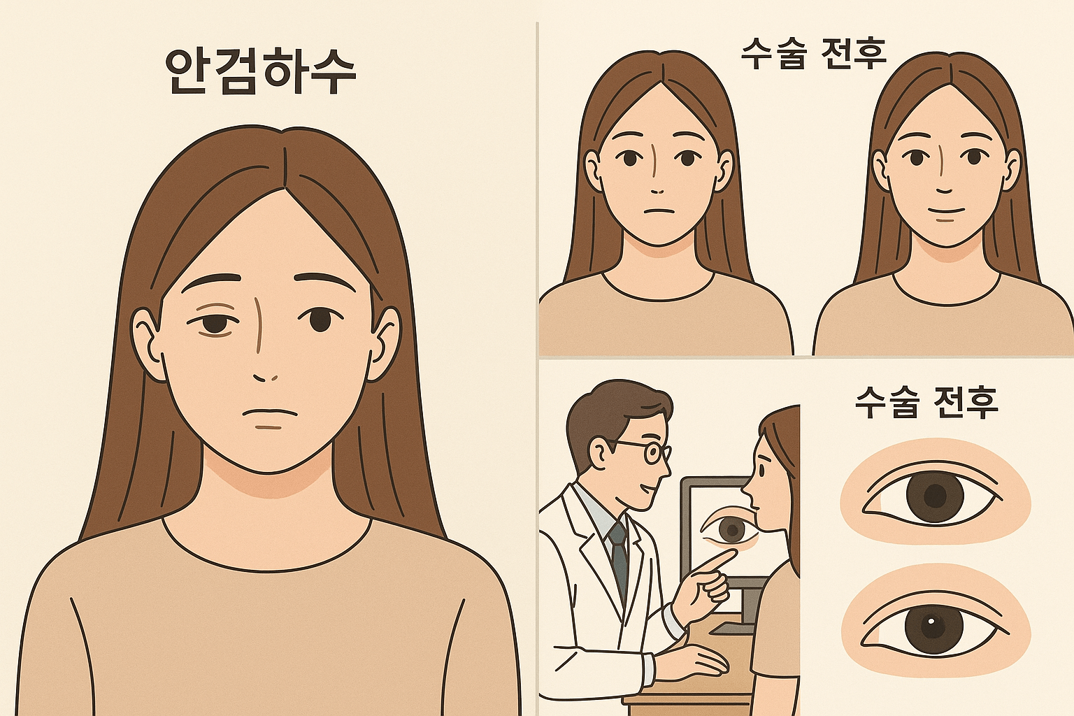 눈꺼풀이 처져 졸려 보이는 인상의 여성과 수술 전후 모습이 대조되는 일러스트(출처**자체제작)