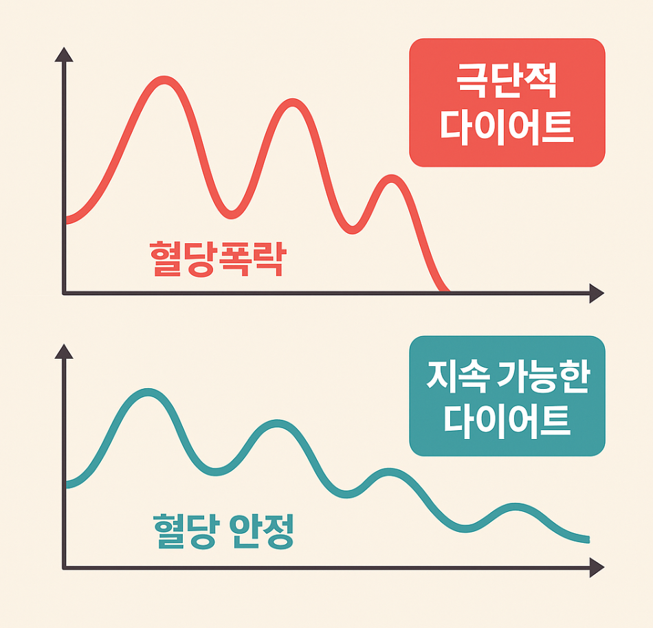 혈당 롤러코스터 vs 혈당 안정화 곡선 인포그래픽