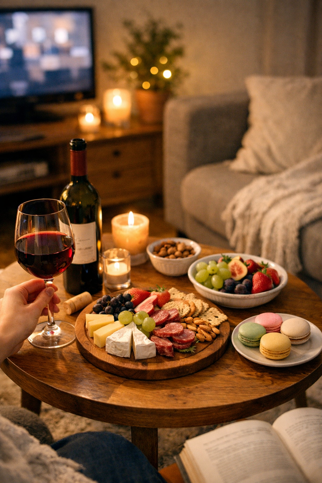 혼자 있는 집에 와인과 안주가 놓여있는 사진
