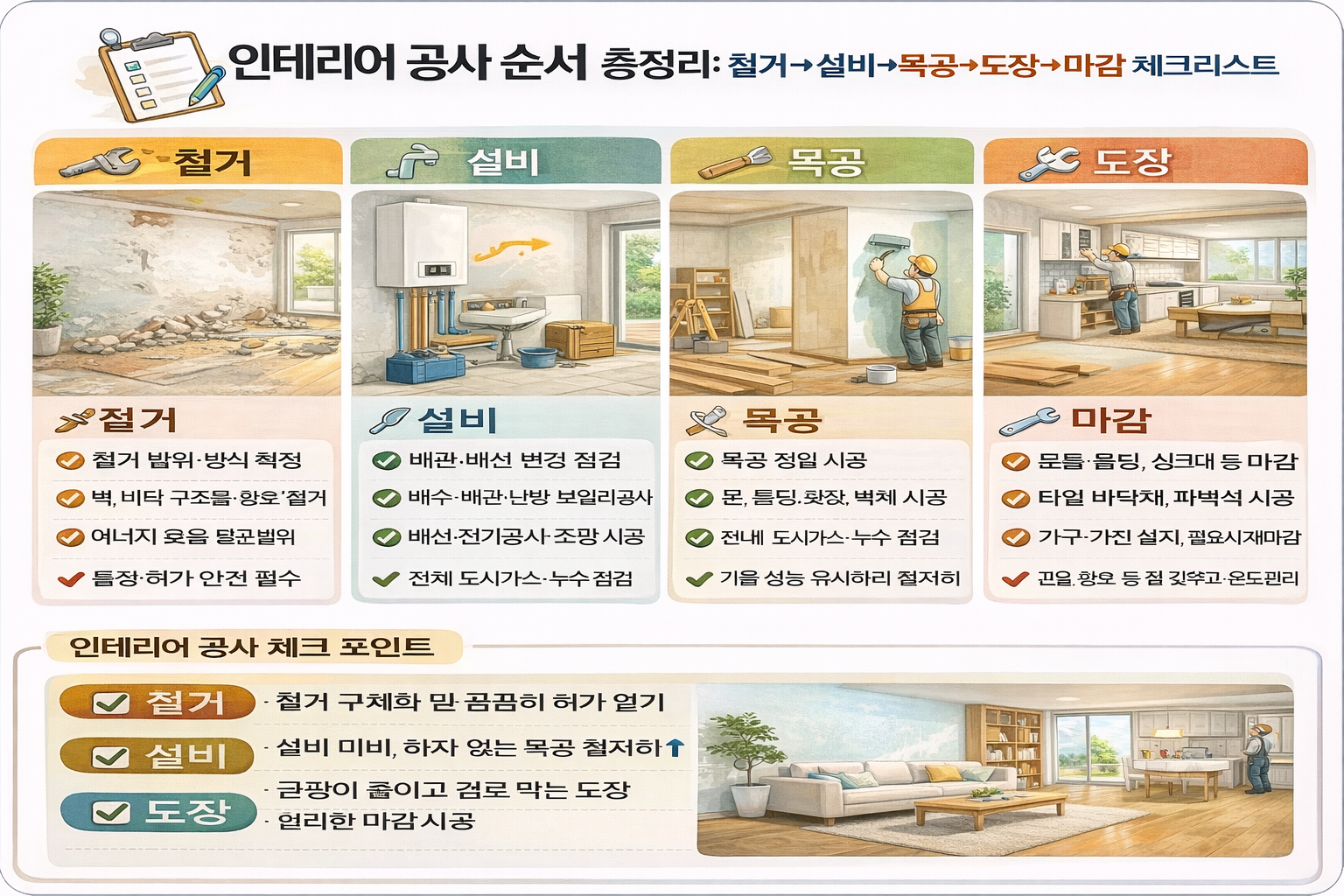 인테리어 공사 순서 총정리: 철거&rarr;설비&rarr;목공&rarr;도장&rarr;마감 체크리스트(인테리어공사, 공사순서, 체크리스트)