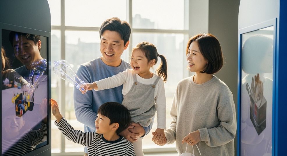 단양여행, 미디어아트 포토존에서 사진찍는 가족