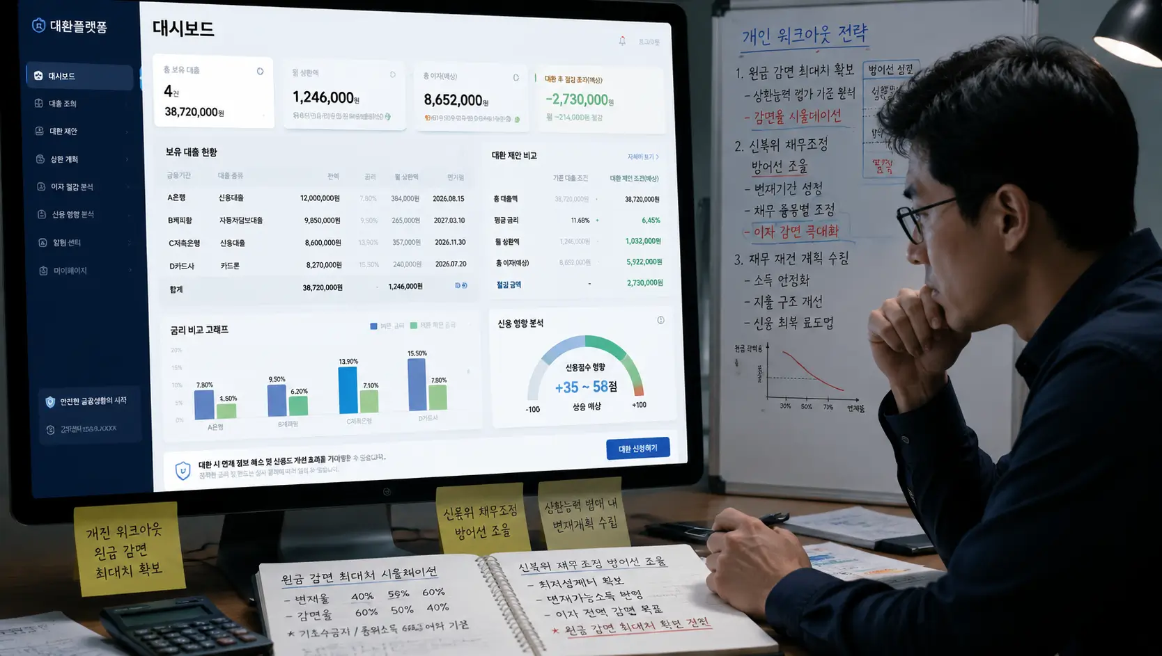 개인 워크 아웃 원금 감면 최대치 확보 및 신복위 채무 조정 방어선 조율을 위해 대환 플랫폼 화면을 분석하는 모습