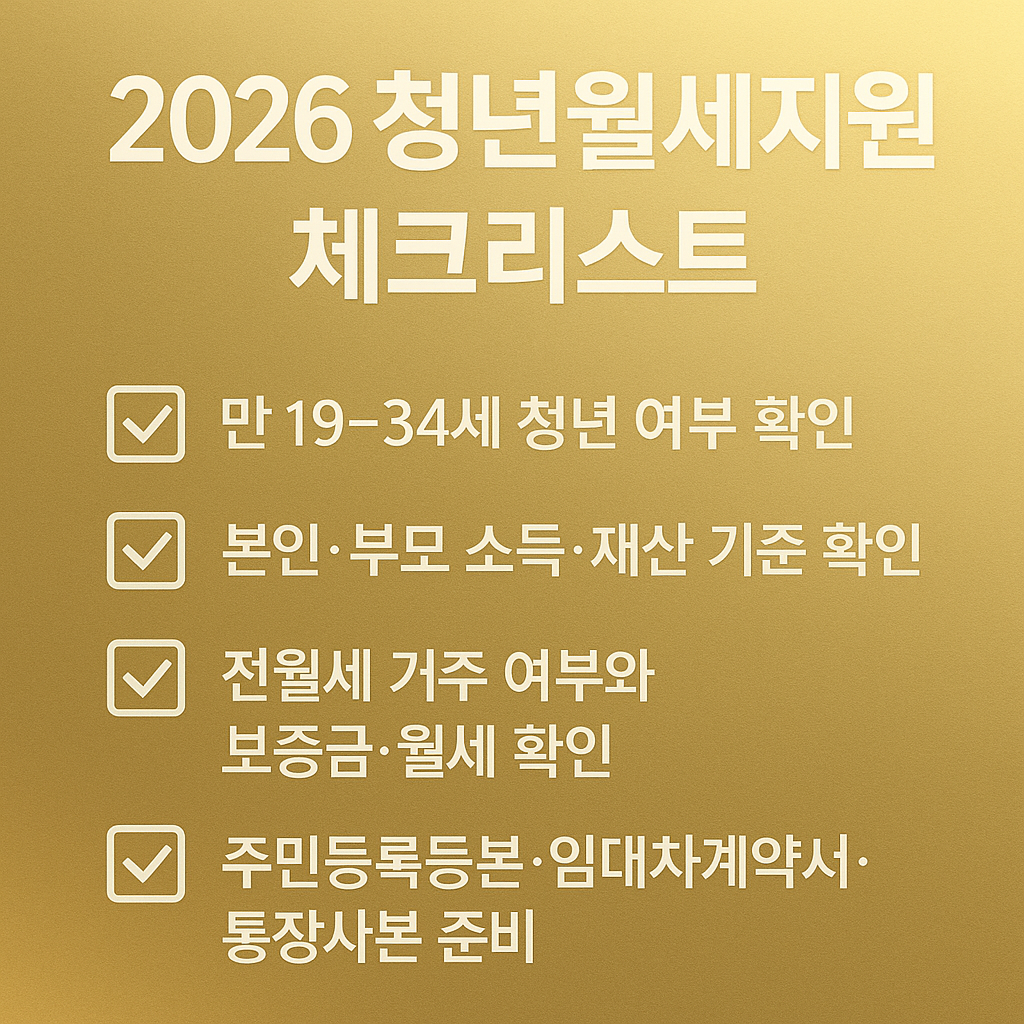 2026년 청년월세지원 신청 전에 꼭 확인해야 할 자격요건, 소득·재산 기준, 전월세 금액, 준비서류, 신청 기간을 한눈에 정리한 프리미엄 골드톤 화이트 텍스트 체크리스트 이미지 youth rent support checklist premium gold design