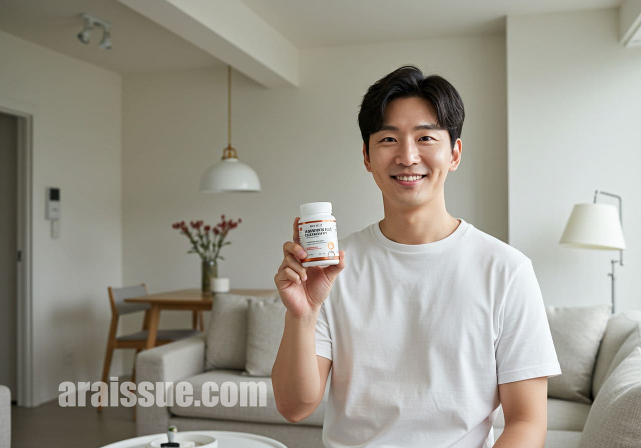 한국 남성이 모던한 거실에서 저렴한 영양제를 들고 카메라를 향해 자신감 있는 미소를 짓고 있다. 공간은 서구형 인테리어로 심플하고 깔끔하다.