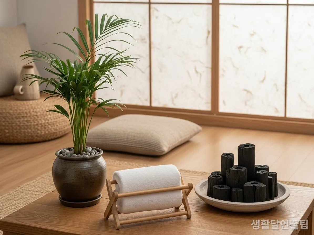 한국적인 감성으로 연출된 공간에 젖은 수건, 식물, 숯을 활용한 천연 가습 장면