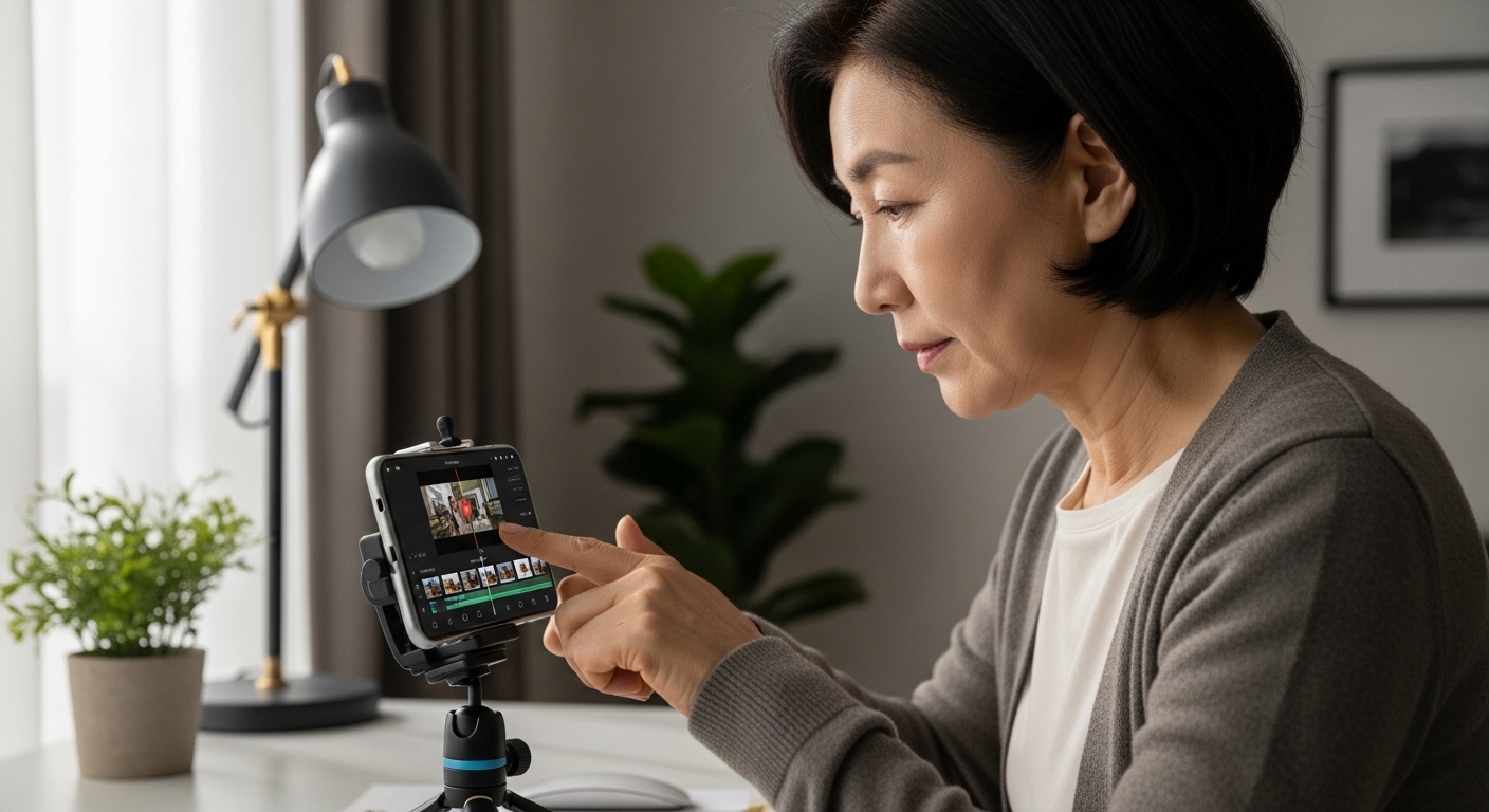 스마트폰용 영상 편집 앱을 사용하여 유튜브 영상을 편집하는 60대 한국인 시니어 여성