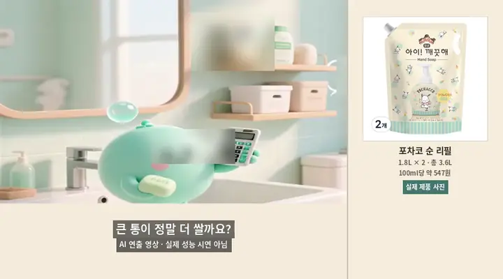 큰 통이 더 저렴한지 가격을 비교하는 AI 연출 반복 애니메이션과 실제 포차코 리필 사진