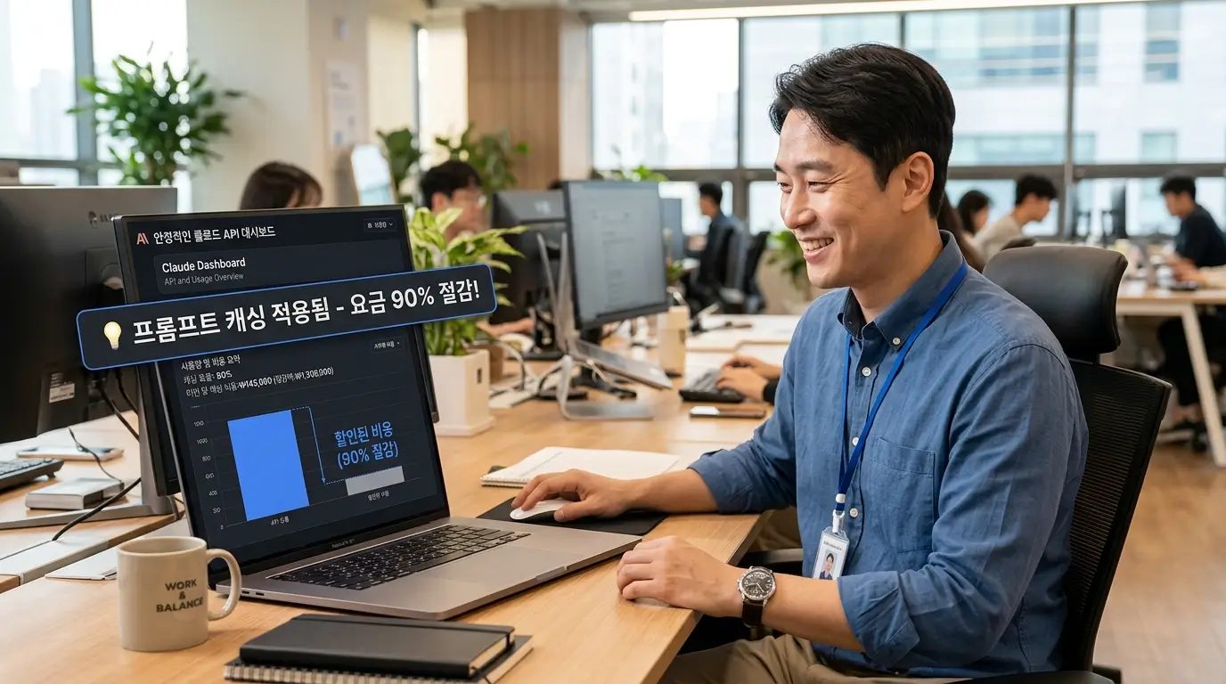 프롬프트 캐싱이 적용되어 요금이 90% 절감된 안정적인 클로드 대시보드 화면과 안도하는 직장인
