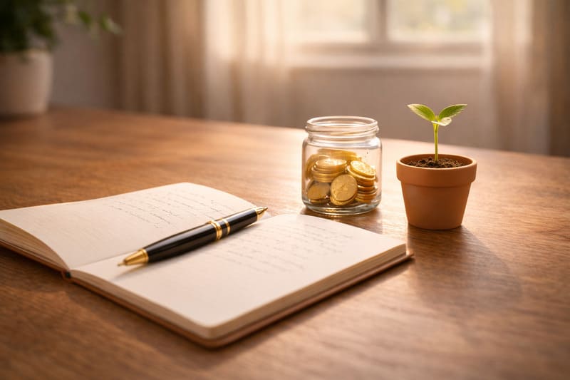 노트와 동전, 새싹이 놓인 책상 위 풍경, 국민연금 크레딧 제도를 기록하는 이미지