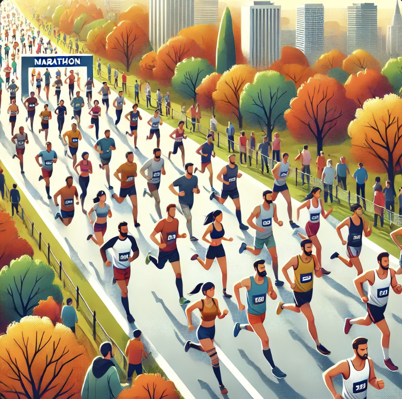 가을철 마라톤 대회에서 참가자들이 단풍이 물든 공원과 도심을 배경으로 달리는 모습