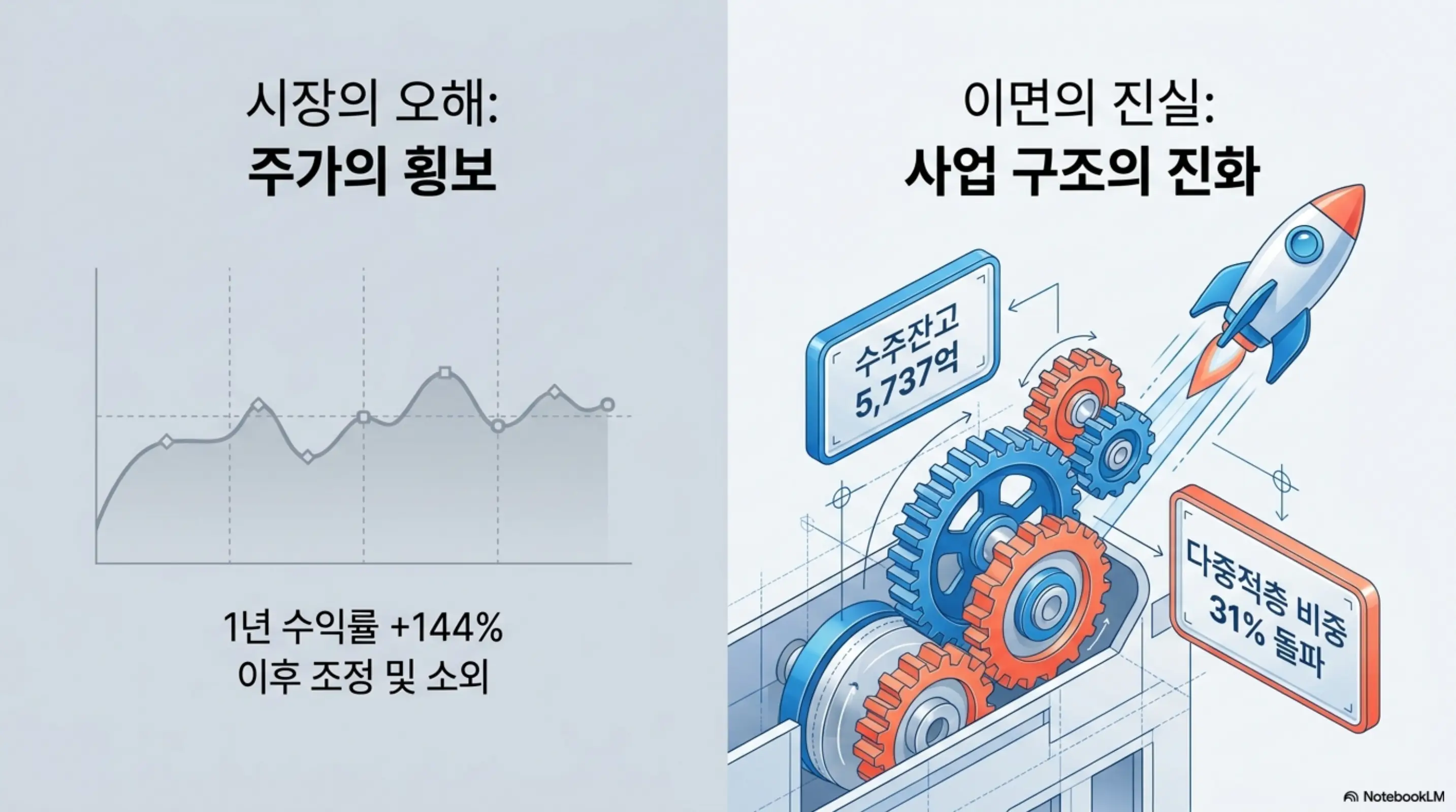 이수페타시스 주가 횡보라는 시장의 오해와 사업 구조 진화라는 이면의 진실을 좌우로 대비한 인포그래픽. 1년 수익률 144% 이후 조정 구간에도 수주잔고 5,737억원과 다중적층 비중 31% 돌파라는 구조 변화가 진행 중임을 시각적으로 전달한다.