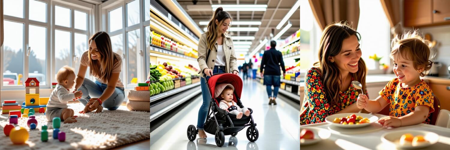 엄마-아이-장난감,엄마-유모차-아이-마트,엄마-포크를쥔아이