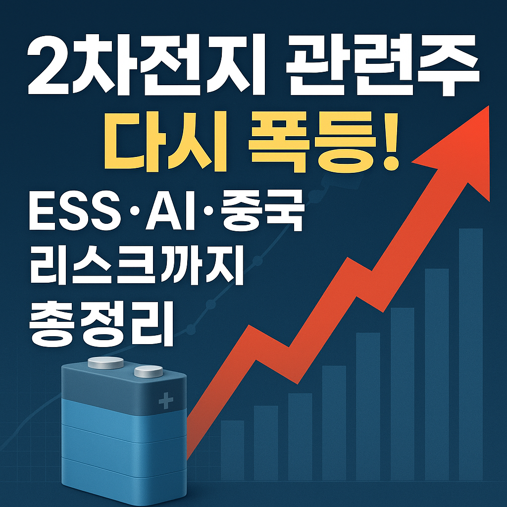 2차전지 관련주 폭등을 상징하는 배터리 아이콘과 상승 화살표 그래프 이미지