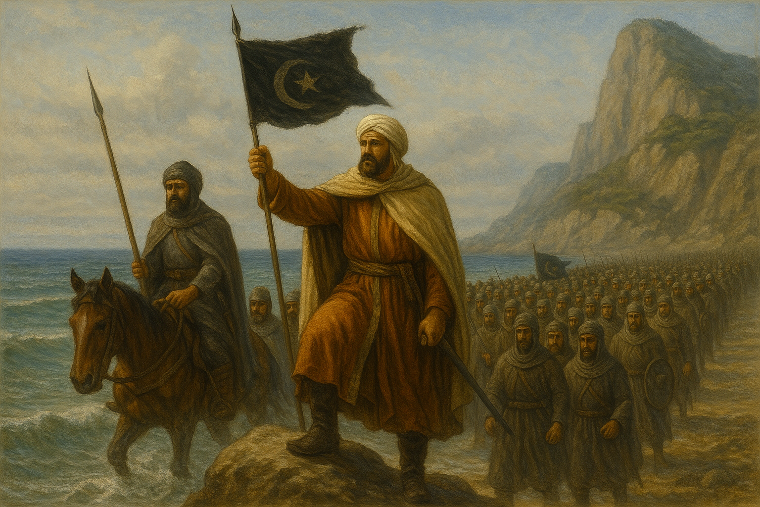 711년 타리크 이븐 지야드의 지휘 아래 지브롤터 해협을 건너 스페인에 상륙을 상징하는 그림