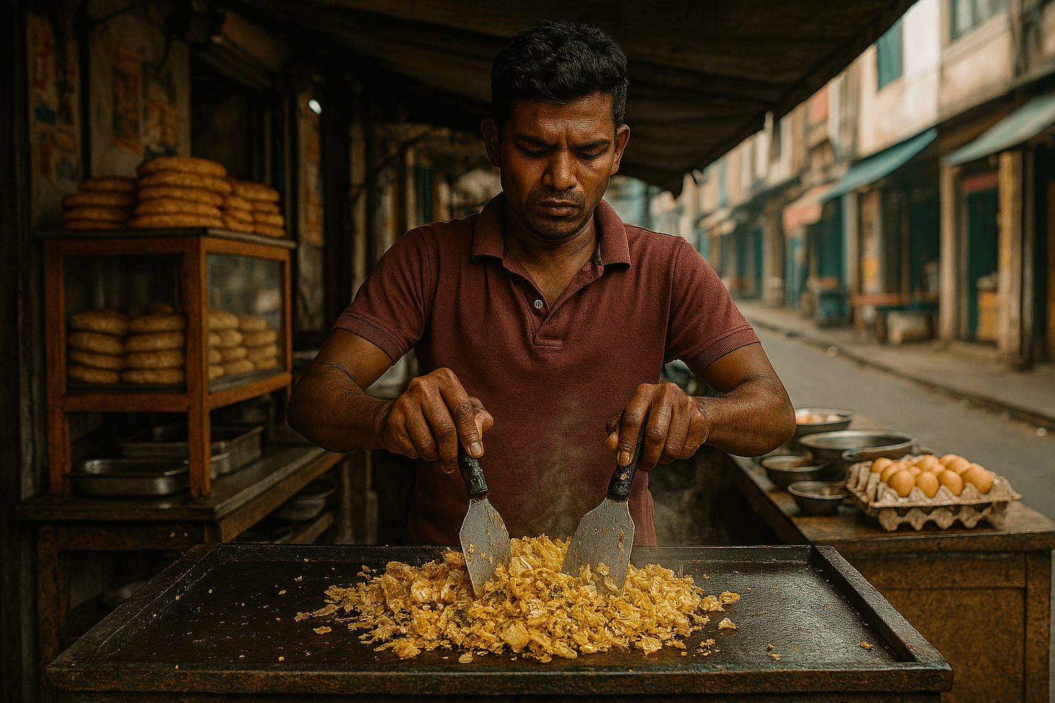 활기 넘치는 스리랑카 길거리 시장에서, 능숙한 손길로 코뚜 로띠를 만들고 있는 현지 요리사. 신선한 재료와 매콤한 향이 식욕을 돋우는 모습.