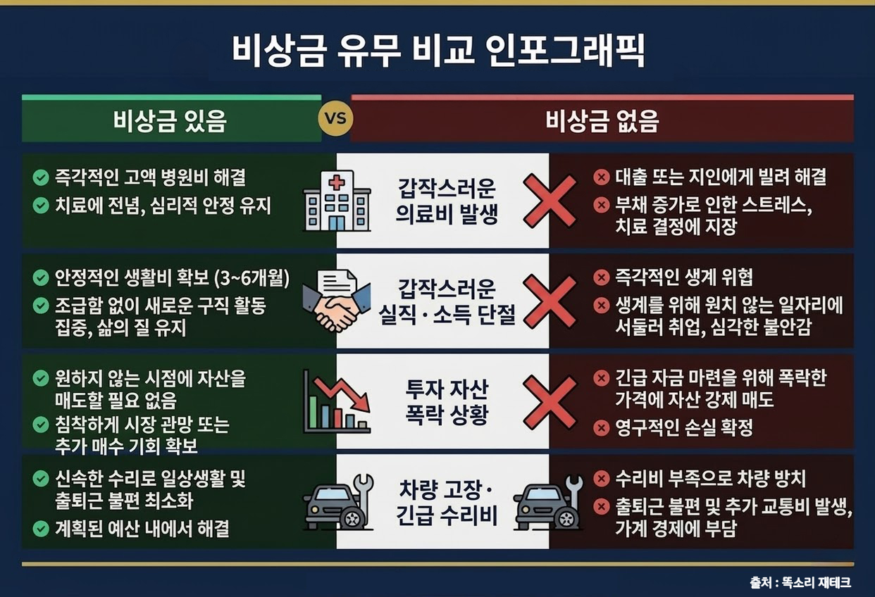 비상금 있을 때와 없을 때 긴급 상황 대응 방법 비교 인포그래픽