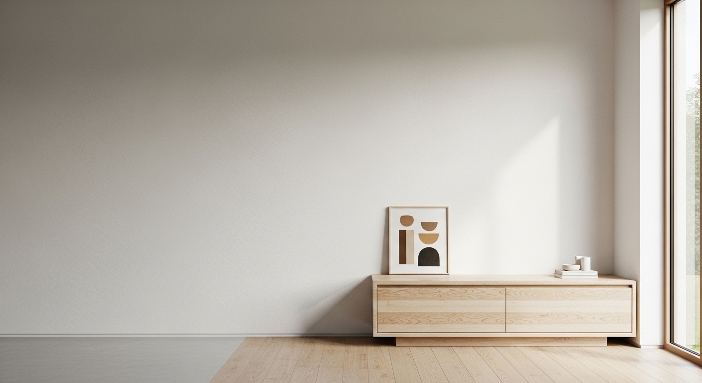 불필요한 요소를 비워내고 여백의 미를 강조한 미니멀 공간. 밝은 벽면에 심플한 원목 벤치가 놓여 평온하고 정돈된 분위기를 연출한다.
