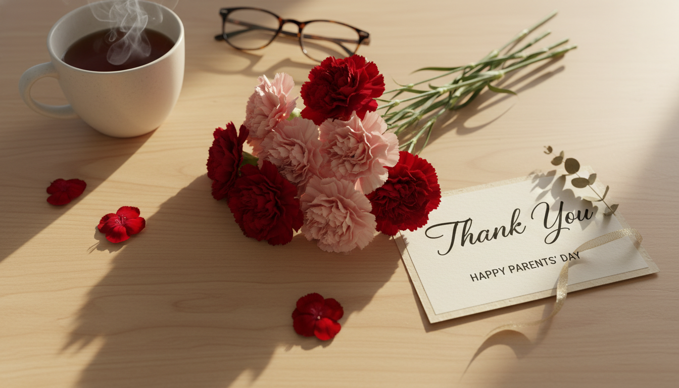빨간색과 분홍색 카네이션 생화와 Thank You 메시지가 적힌 카드가 나무 테이블 위에 예쁘게 놓여있는 따뜻한 감성의 어버이날 준비 모습