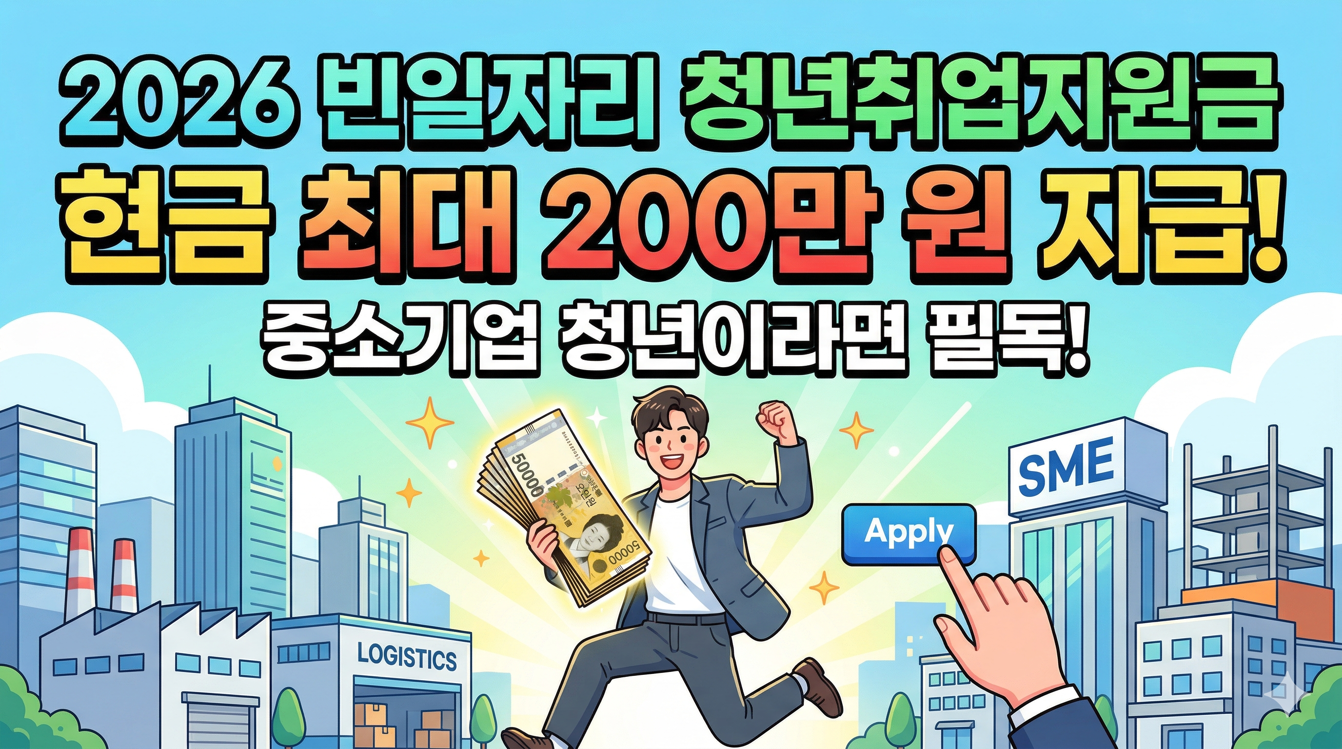 2026년 빈일자리 청년취업지원금을 안내하는 활기찬 분위기의 일러스트 썸네일입니다. 중소기업과 물류 단지를 배경으로 돈다발을 든 청년이 기뻐하며 뛰어가는 모습과 함께 '현금 최대 200만 원 지급!'이라는 핵심 문구가 강조되어 있습니다. 우측에는 신청을 유도하는 'Apply' 버튼과 클릭하는 손가락 이미지가 배치되어 직관적인 정보를 전달합니다.