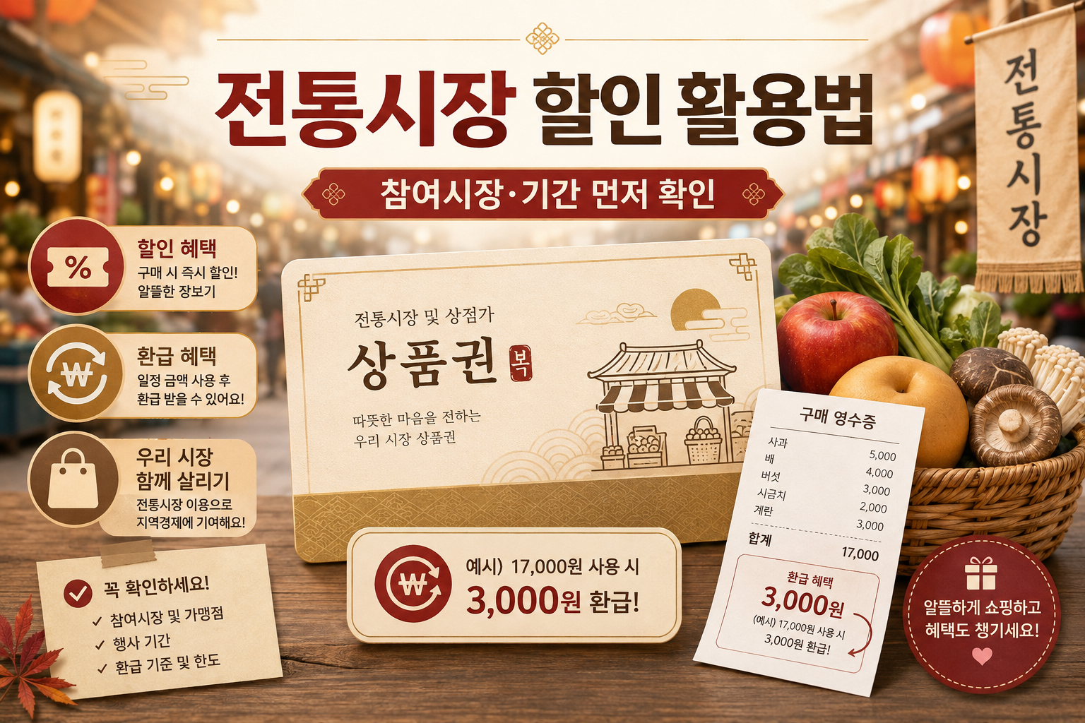 2026 추석 전통시장 농축산물 할인과 온누리상품권 환급 이용방법을 설명하는 이미지