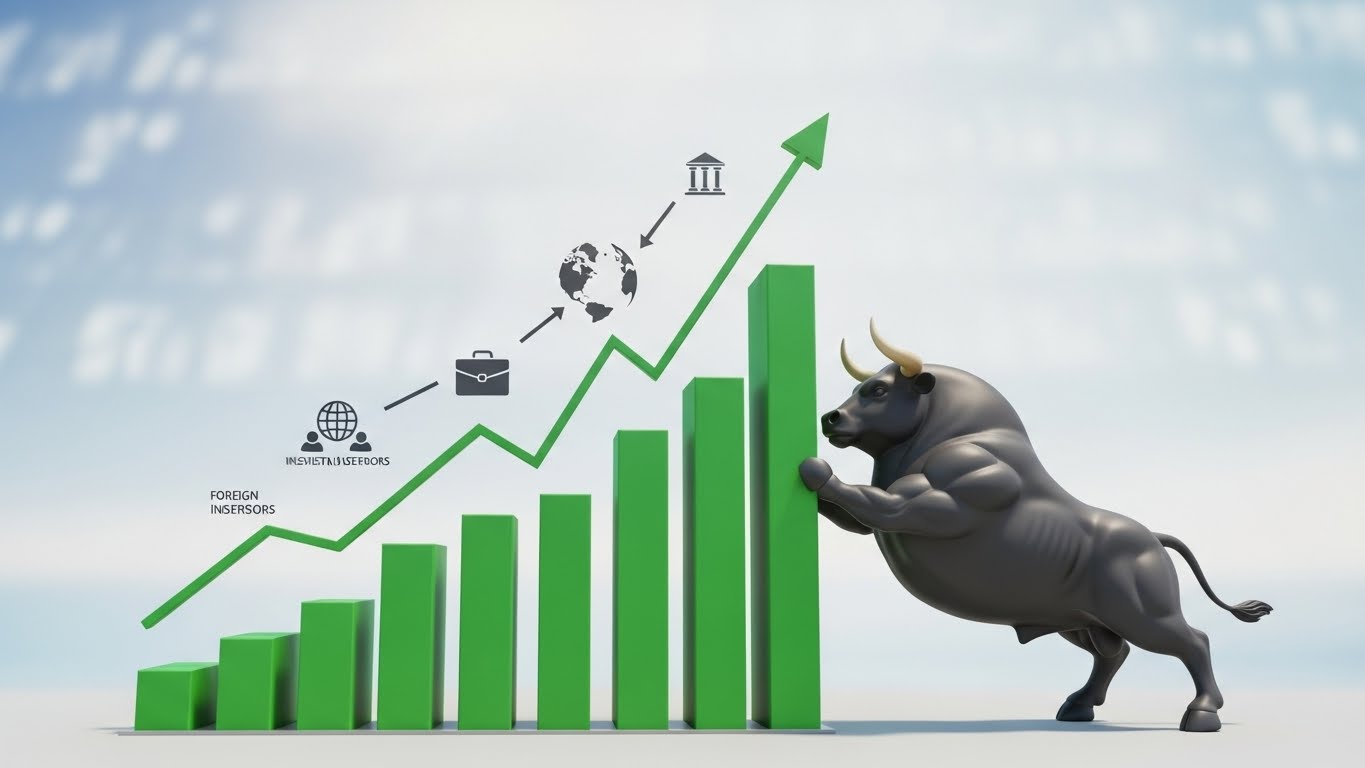외국인과 기관의 매수세가 가파르게 상승하는 그래프와 함께 황소 캐릭터가 등장하는 이미지