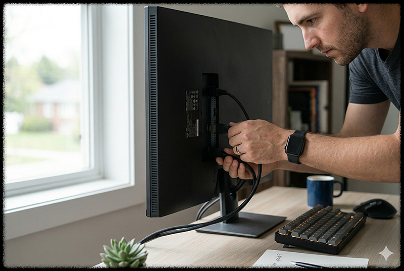 모니터 케이블을 점검하는 모습