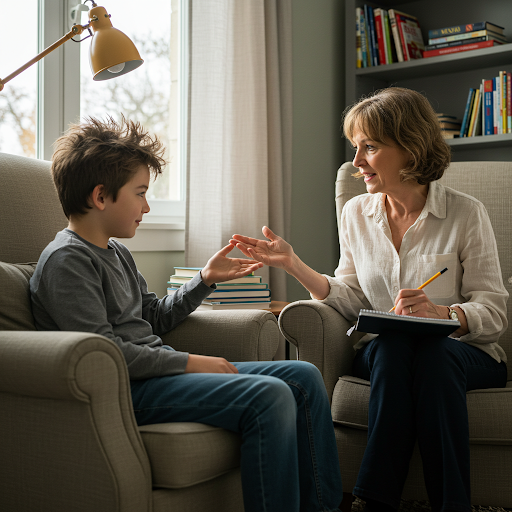 남자 아동이 여성 상담가와 마주 앉아 대화하는 모습. 상담가는 메모를 하며 아이의 이야기를 경청하고, 아이는 손짓을 하며 자신의 생각을 표현하고 있다.