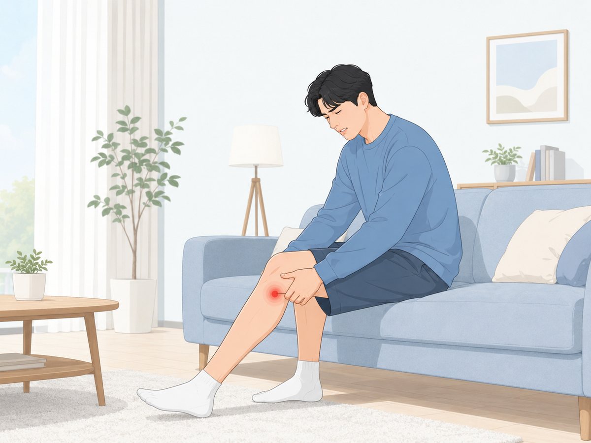소파에 앉아 무릎뼈 바로 아래 아픈 지점을 손가락으로 누르는 슬개건염 남성