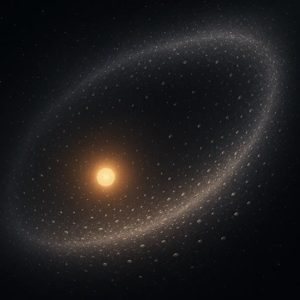 오르트 구름의 실사형 우주 이미지, 태양을 중심으로 얼음 입자들이 구형으로 분포된 장면
