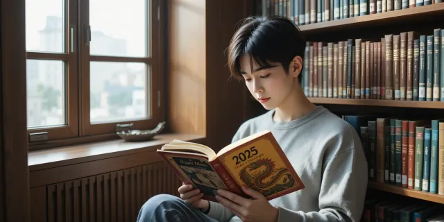 조용한 도서관 구석에서 운세 관련 책을 집중해서 읽는 학생