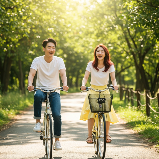 사랑하는 연인과 자전거를 타는 이미지