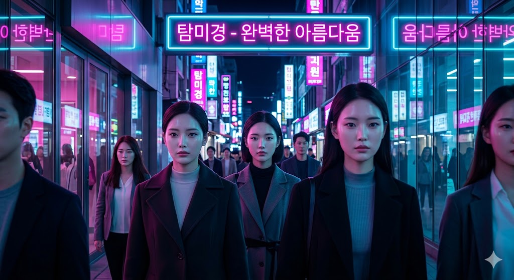 화려한 네온사인 아래 완벽한 대칭을 이룬 얼굴들이 무표정하게 걸어가는 도시의 모습