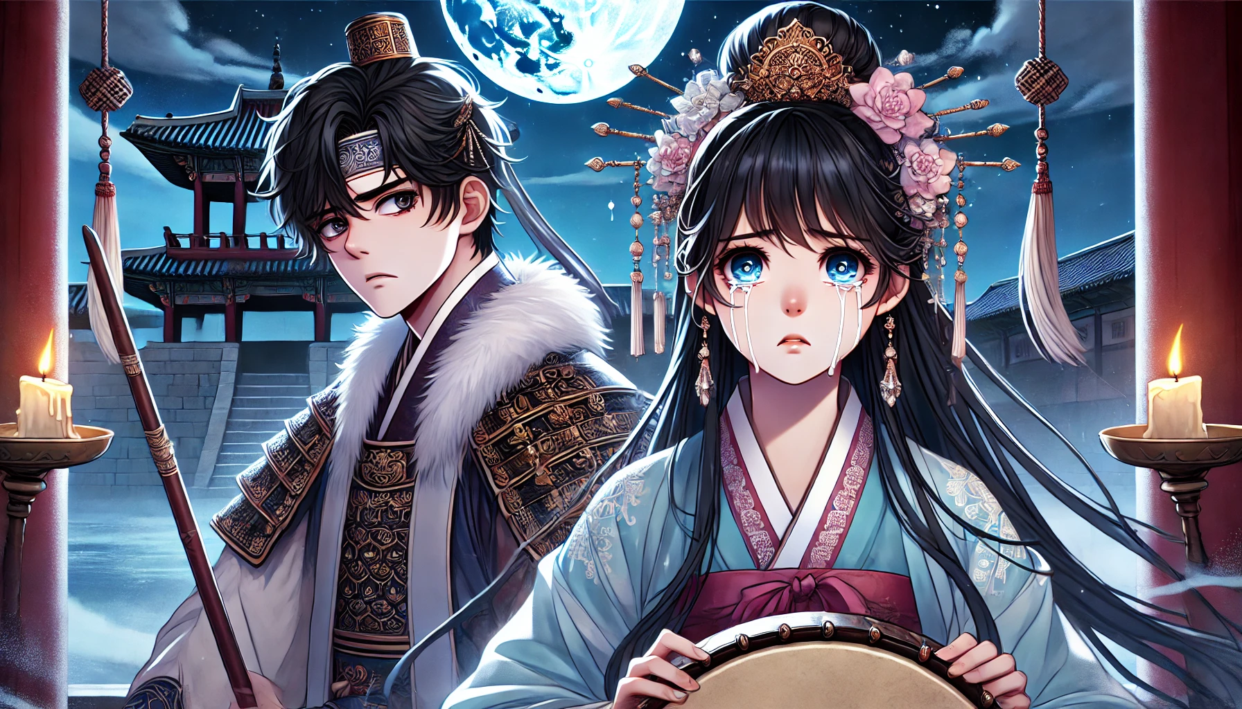 호동왕자와 낙랑공주의 비극적인 순간을 애니메이션 스타일로 그린 이미지