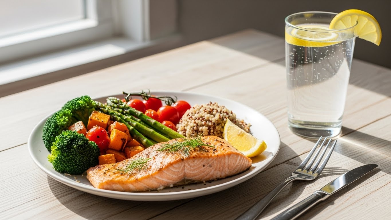 단백질,-채소,-곡물을-곁들인-균형-잡힌-식사와-물-한-잔을-담은-사실적인-이미지입니다.