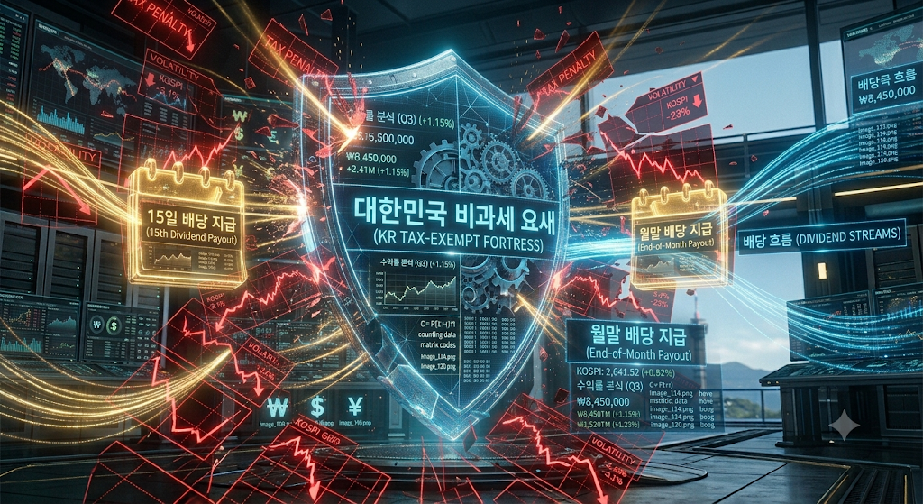 해외 커버드콜 세금 폭탄과 건보료 상승을 차단하고 KODEX 5.5조 대장주 듀얼 조합으로 월2회 비과세 현금 흐름을 완벽 시공하는 하이테크 금융 그래픽