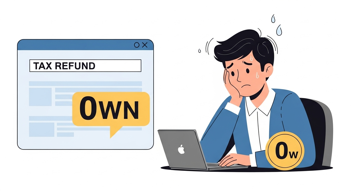 2026년 연말정산 환급금이 0원으로 나와 당황한 사용자의 모습과 세금 환급 데이터 일러스트