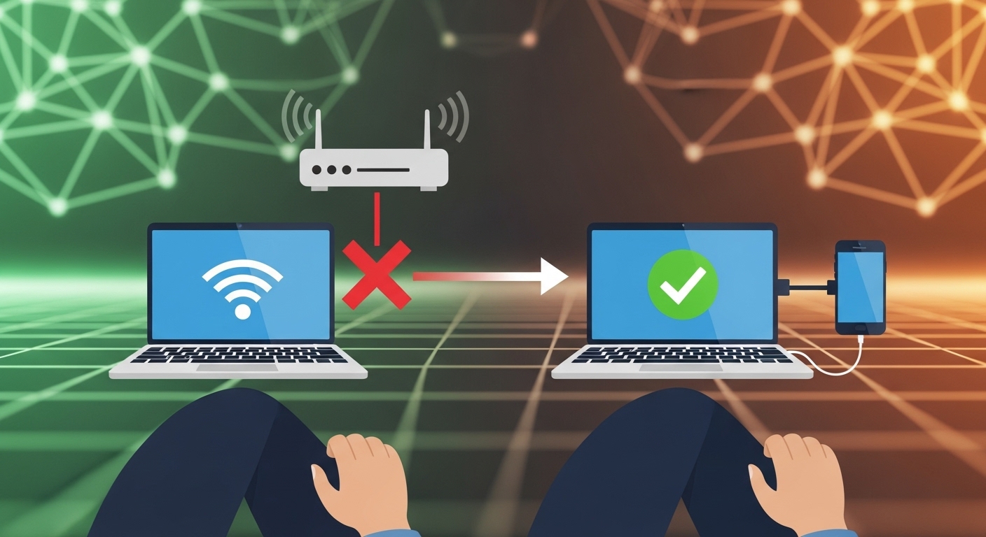 집 Wi-Fi 대신 스마트폰 핫스팟으로 인터넷 연결을 바꾸는 모습. 원활한 네트워크 전환으로 문제 해결을 상징한다.