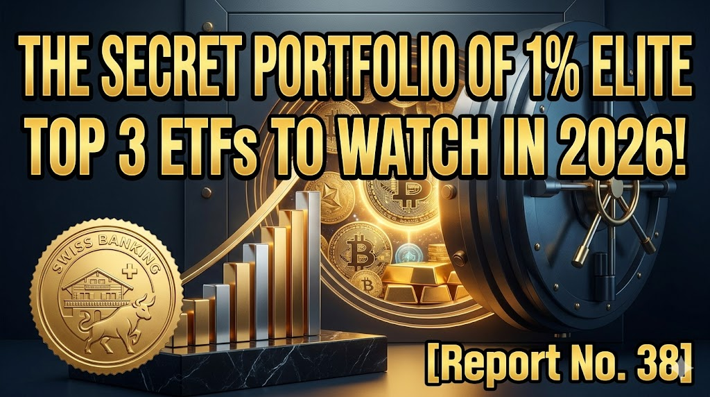 An exclusive vault door subtly ajar with a cascade of physical gold and digital currency symbols. Large, stylized golden English text reads: "THE SECRET PORTFOLIO OF 1% ELITE" and "TOP 3 ETFs TO WATCH IN 2026!"