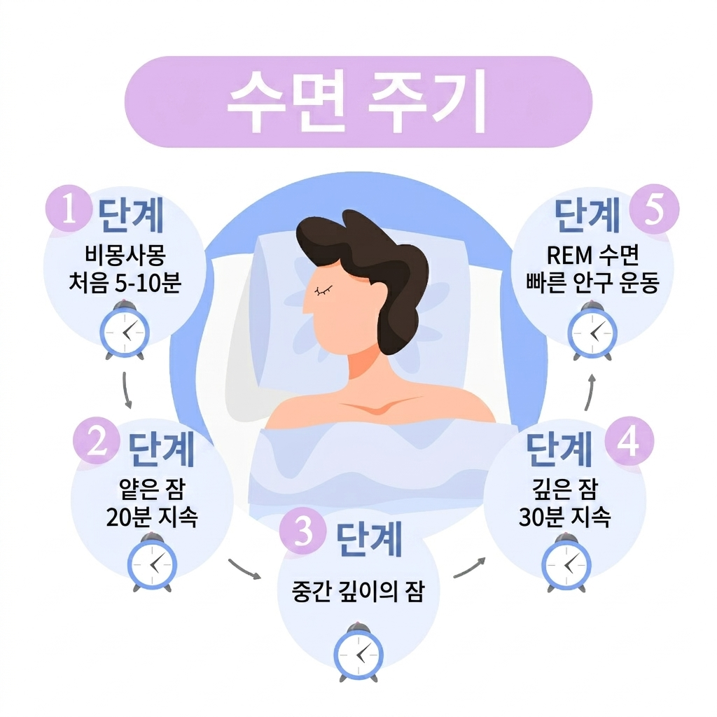 1단계 비몽사몽부터 5단계 REM 수면까지 단계별 수면 주기와 지속 시간을 설명하는 인포그래픽 일러스트
