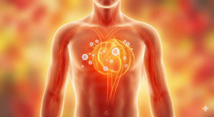 사람의 상반신 실루엣 중심부에서 따뜻한 주황색 빛이 강렬하게 뿜어져 나오고 있으며, 그 안에서 활발하게 움직이는 수많은 면역 세포들과 혈액 순환의 경로가 황금빛으로 빛나고 있어 체온 상승으로 인한 면역력 증강을 상징적으로 보여주는 의학적 일러스트레이션입니다.